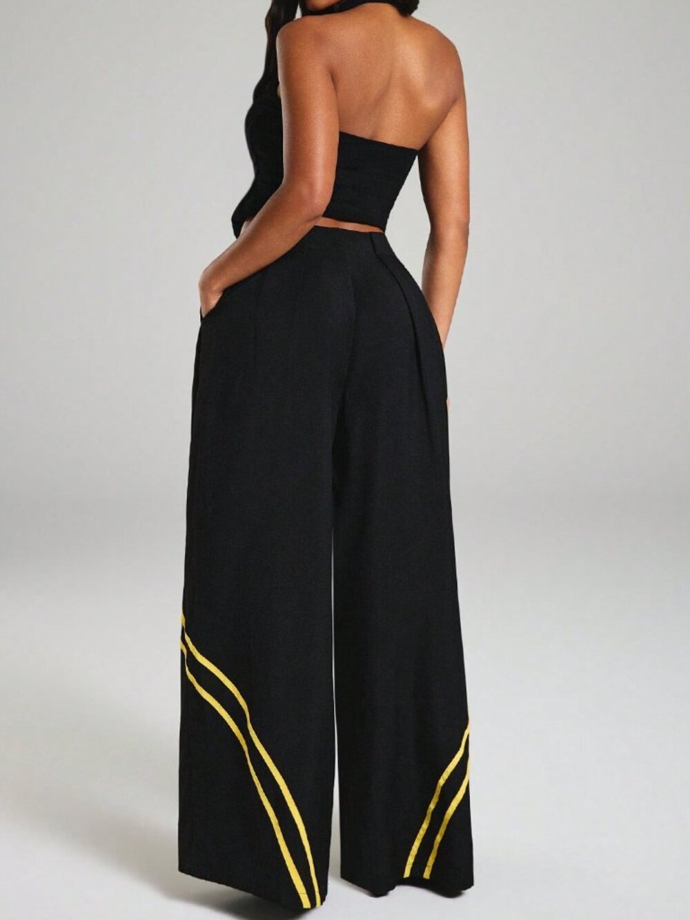 Black Elegant Women's Striped High Waist Wide Leg Pants - Picture 7 of 7